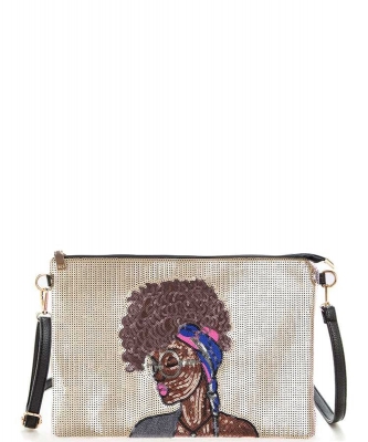 Girl In Glasses Sequin Convertible Crossbody Swing Clutch 136-B029G GOLD
